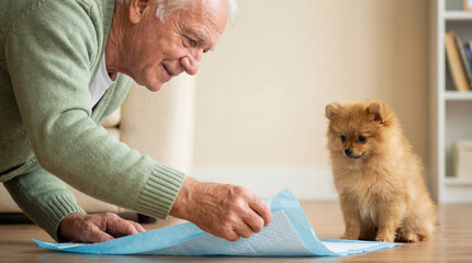 smiling senior man placing training pad on living room floor while teaching curious fluffy puppy gentle indoor housebreaking routine