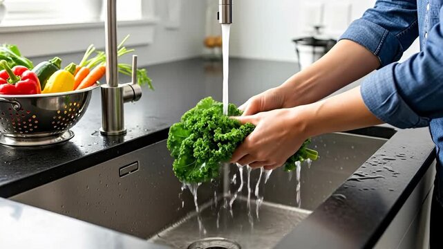Hands washing fresh lettuce in a modern kitchen sink.