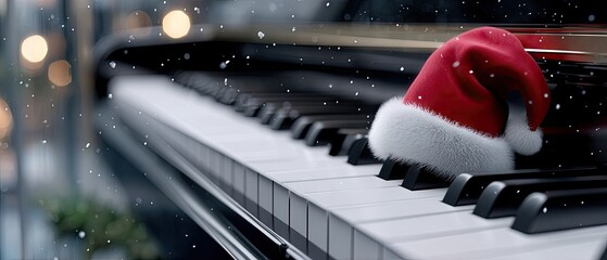 Holiday spirit comes alive with a Santa hat resting on piano keys as snow gently falls in a cozy setting with warm lights in the background