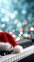 Piano keys adorned with a red Christmas hat against a festive background of sparkling lights and snowflakes