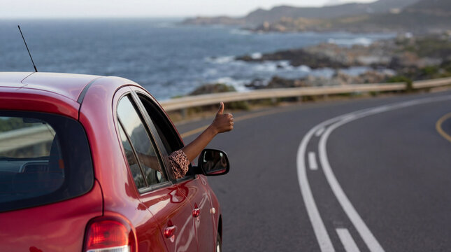 Carefree road trip along coastal highway with red car and passenger giving thumbs up over scenic ocean landscape