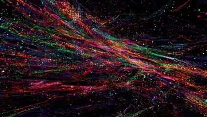 Abstract visualization of colorful flowing strands and particles against a deep black space