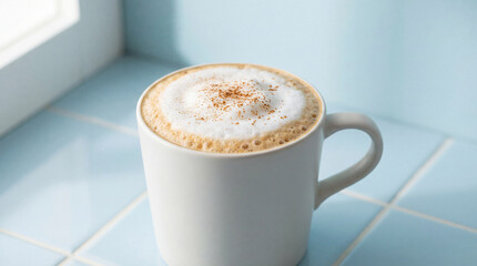 Creamy cappuccino in white ceramic cup on pastel blue tiled countertop by sunlit window, topped with frothy foam and cinnamon sprinkle