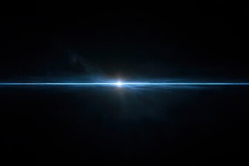 Luminous horizontal beam of bright blue light with radiating flare in a deep black space