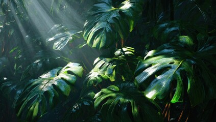 Lush, close-up depiction of vibrant green Monstera deliciosa leaves, illuminated by sunbeams filtering through