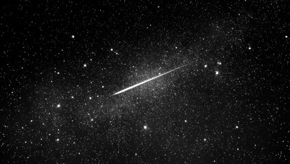 Monochrome depiction of celestial expanse, featuring a streaking meteor across a starry backdrop