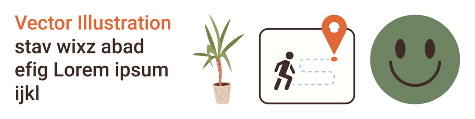 Navigation, location tracking, positivity, design, digital icons, and interior decor. Shows a pin icon with a person, a happy face and a potted plant. Navigation and location