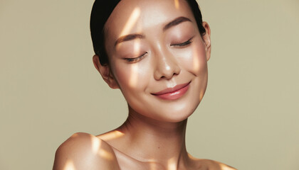 Close-up portrait of a beautiful woman with her eyes closed, bathed in warm sunlight, highlighting her clear and healthy skin, evoking a sense of tranquility and well-being