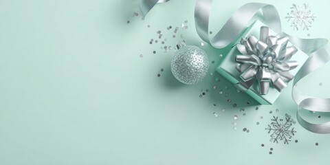 Elegant holiday gift presentation with silver ribbon and ornament on mint background