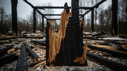 Charred Wood Remnants of a Burnt Structure in Forest Ruins