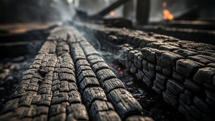 Charred Wood Remains After Fire with Wisps of Smoke
