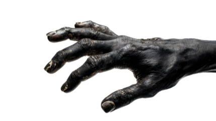 Zombie hand reaching out, a scary monster limb with dark skin and decaying fingernails, symbolizing horror, death, and halloween on a transparent background