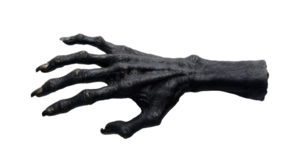 Creepy monster hand with long sharp nails and dark skin, representing evil, horror, and fear for halloween, witchcraft, or fantasy themes, on transparent background