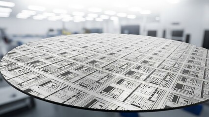 Close up of semiconductor wafer with circuit patterns