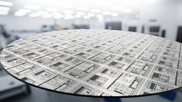 Close up of semiconductor wafer with circuit patterns - Powered by Adobe