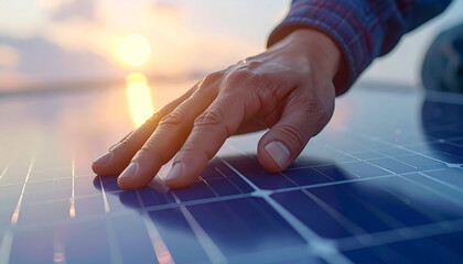 Solar Panel Examination: A close-up shot of a hand gently gliding over the surface of a solar panel. Emphasizing renewable energy and technological innovation.