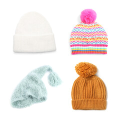 Set of knitted hats isolated on white