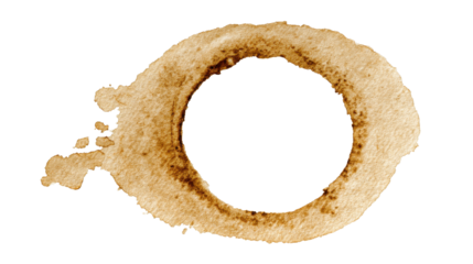 Circular brown coffee stain or cup ring mark forming an abstract texture with watercolor characteristics, ideal for design elements on a transparent background