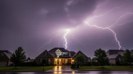 Dramatic lightning strike over a residential house during a thunderstorm
