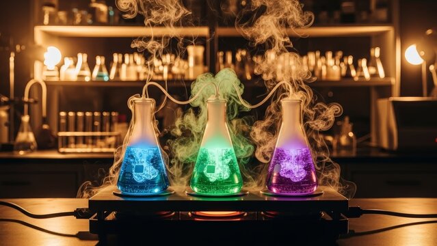Colorful Glowing Erlenmeyer Flasks Experiment in Bar