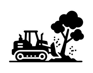 Solid black glyph icon of a tracked bulldozer/excavator pushing over a tree. Represents large-scale deforestation, heavy machinery logging, land clearing, and environmental impact. Ideal for industry  © blimbink