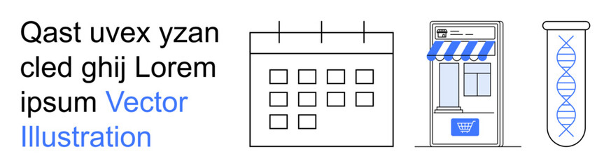Scheduling, online retail, biotechnology, time management, digital stores, genetics. A calendar, storefront and a DNA strand are . Scheduling and online retail are central