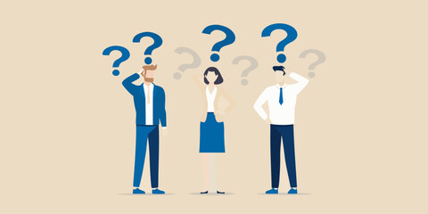 People surrounded by question marks representing uncertainty and problem solving