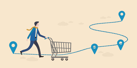 A man with a shopping cart follows a dotted path with location pins