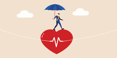 A businessman walks on a tightrope above a heart with an umbrella