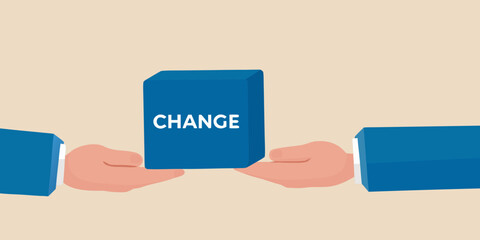 Hands exchanging a blue card with the word change written on it