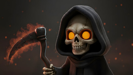 A cute cartoon grim reaper with glowing orange eyes and a fiery scythe.
