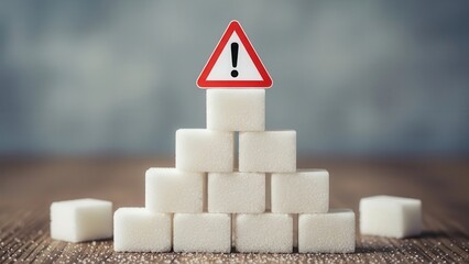 Sugar warning pyramid of sugar cubes with an exclamation mark sign