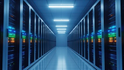 Modern data center corridor with server racks and blue lighting