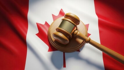 Canadian law and justice system with gavel on flag