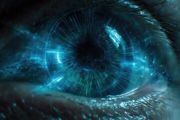 Close-up of a human eye with holographic digital technology overlay, futuristic and intense