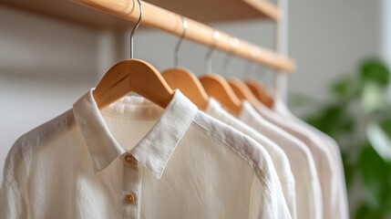 Light linen shirts on wooden hangers arranged in row inside wardrobe or clothing store.