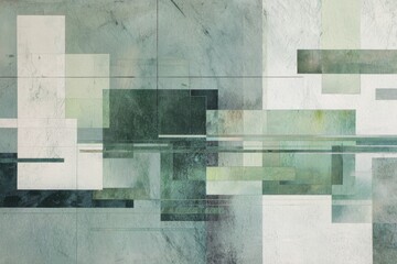 An abstract digital artwork featuring overlapping rectangles in muted greens and grays