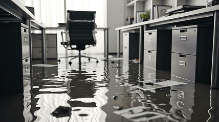 Flooded office interior with water covering floor in workplace disaster scene

