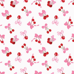 Seamless Pattern of Cherries and Pink Bows. Endless textures for your design.	