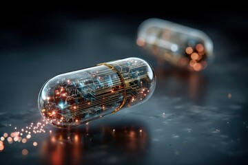 Two glowing blue capsules with circuit patterns and sparks on a dark surface