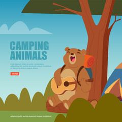 Naklejka premium Bear in forest. wild cartoon bear singing. camping outdoor characters