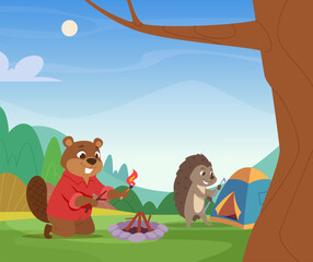 Naklejka premium Camping animals. wild outdoor animals in forest have rest in camp place