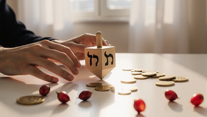 Hands spinning a dreidel with Hebrew letters, surrounded by coins and pomegranates on a sunlit table, symbolizing Hanukkah traditions and financial prosperity.