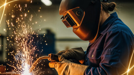 Female welder in protective gear intensely focused while sparks fly during industrial metal fabrication work