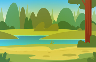 Obraz premium Forest landscape. cartoon outdoor background with lake in beautiful forest