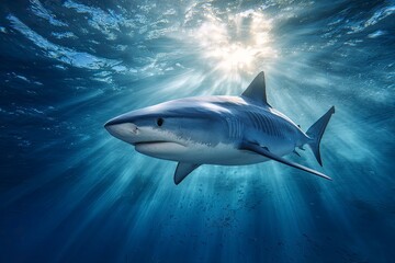 Fototapeta premium Majestic Shark Swimming Gracefully Underwater with Sunlight Rays