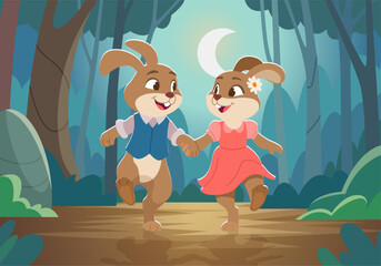 Naklejka premium Rabbits. wild animals walking in moonlight forest hands holding. lovers background