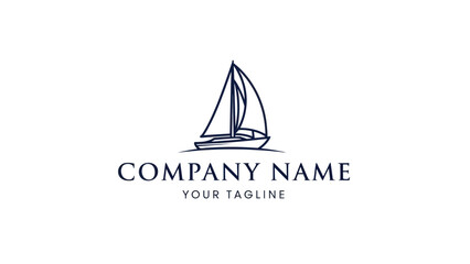 Minimalist dark blue line art sailboat logo design with placeholder text for a company name and tagline on a white background.