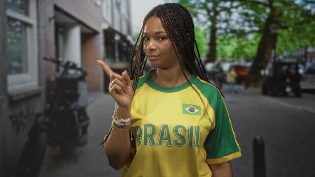 Woman in yellow brazil jersey holds finger to lips for silence on a street with trees and buildings; determination.