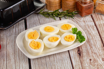 Boiled chicken eggs with bright yolk
